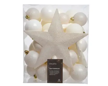 Decoris kerstbal plastic mix+piek 33st wolwit - afbeelding 1