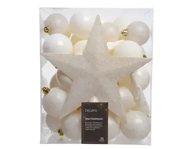 Decoris kerstbal plastic mix+piek 33st wolwit - afbeelding 1