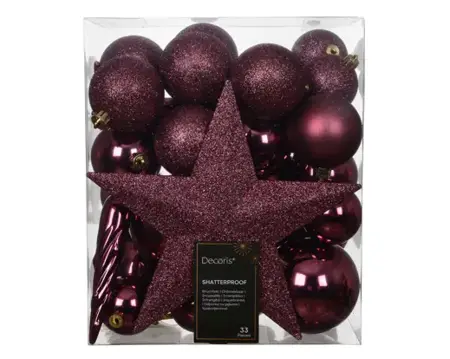Decoris kerstbal set plastic | 33 stuks | 8 centimeter | donker roze - afbeelding 1
