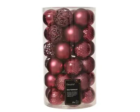 Decoris kerstbal set plastic | 37 stuks | 6 centimeter | donker roze - afbeelding 1
