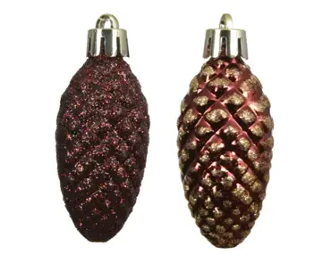 Decoris kerstbal set plastic dennenappel | 12 stuks | 9x14 centimeter | ossenbloed - afbeelding 2