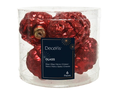 Decoris Kerstballen glas dennenappel 6st kerstrood 5x7cm - afbeelding 2