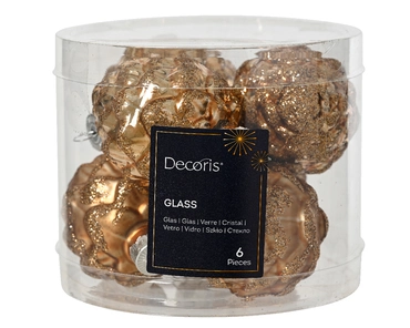 Decoris Kerstballen glas dennenappel 6st pecannoot bruin 5x7cm - afbeelding 2