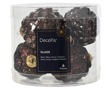 Decoris Kerstballen glas dennenappel 6st zwarte truffel 5x7cm - afbeelding 2