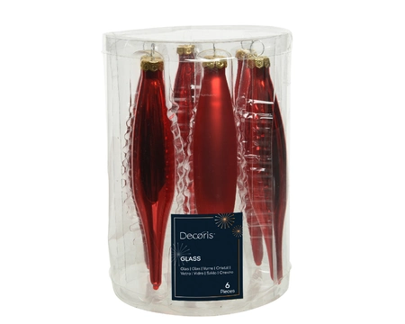 Decoris kerstballen ijspegel glas | 6 stuks | 15 centimeter | kerstrood - afbeelding 1