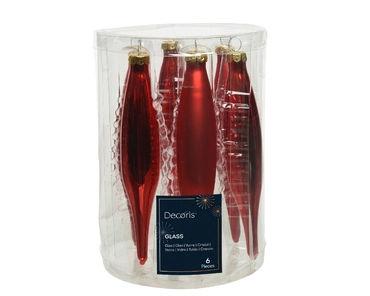 Decoris kerstballen Ijspegel glas 6st Kerstrood 15cm - afbeelding 2