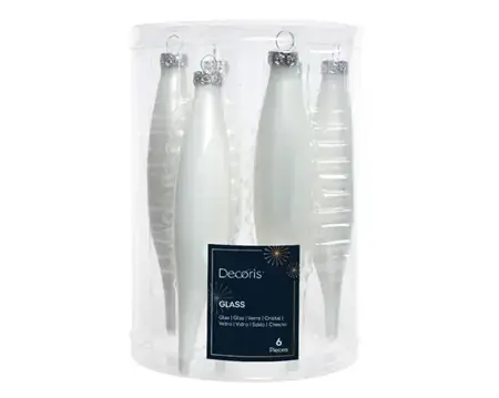 Decoris kerstballen ijspegel set glas | 6 stuks | 15 centimeter | winterwit - afbeelding 1