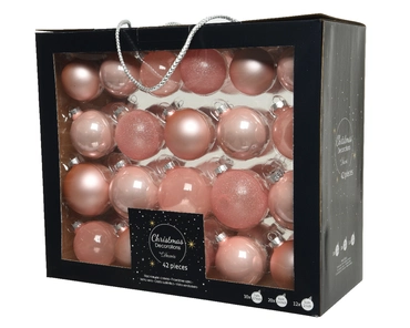 Decoris kerstballen set glas | 42 stuks | 5-6-7 centimeter | poederroze - afbeelding 1