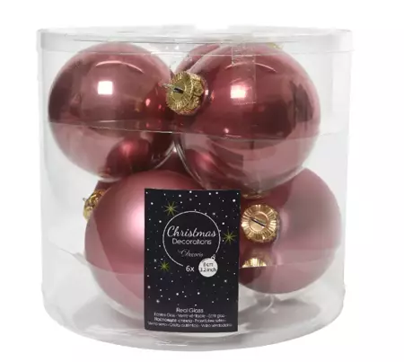 Decoris kerstballen set glas | 6 stuks | 8 centimeter | velours roze - afbeelding 1