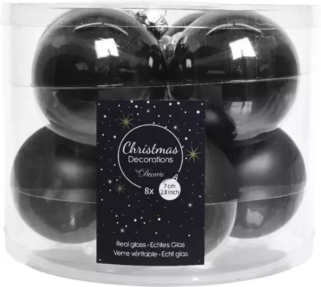 Decoris kerstballen set glas | 8 stuks | 7 centimeter | zwart