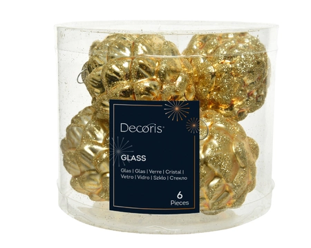 Decoris kerstballen set glas dennenappel | 6 stuks | 5x7 centimeter | licht goud - afbeelding 1