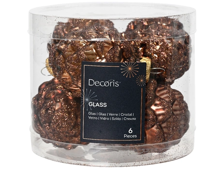 Decoris Kerstballen set glas dennenappel | 6 stuks | 5x7 centimeter | espresso - afbeelding 1