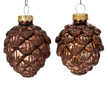 Decoris Kerstballen set glas dennenappel | 6 stuks | 5x7 centimeter | espresso - afbeelding 2
