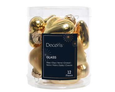 Decoris kerstballen set glas hart 12st licht goud 4cm - afbeelding 2