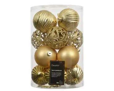 Decoris kerstballen set plastic 8cm 16st goud - afbeelding 1