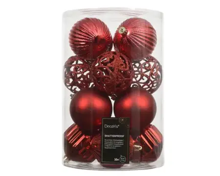 Decoris kerstballen set plastic 8cm 16st kerstrood - afbeelding 1