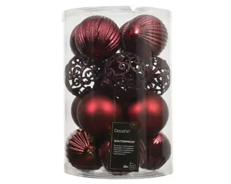 Decoris kerstballen set plastic 8cm 16st ossenbloed - afbeelding 1