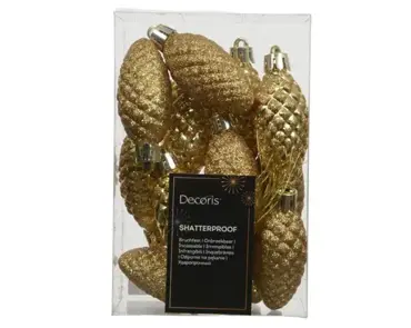 Decoris kerstballen set plastic dennenappel 9x14cm goud 12st - afbeelding 1
