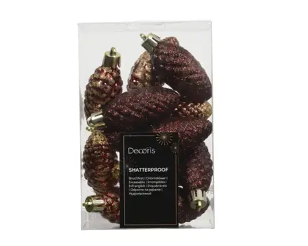 Decoris kerstballen set plastic dennenappel 9x14cm ossenbloed 12st - afbeelding 1