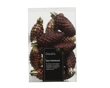 Decoris kerstballen set plastic dennenappel 9x14cm ossenbloed 12st - afbeelding 1