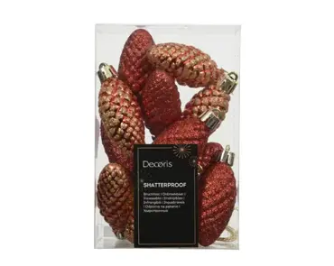 Decoris kerstballen set plastic dennenappel 9x14cm rood 12st - afbeelding 1
