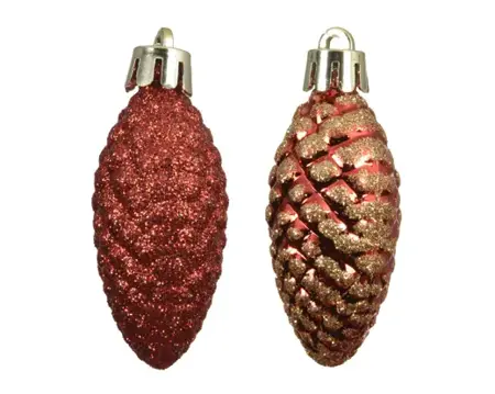 Decoris kerstballen set plastic dennenappel 9x14cm rood 12st - afbeelding 2