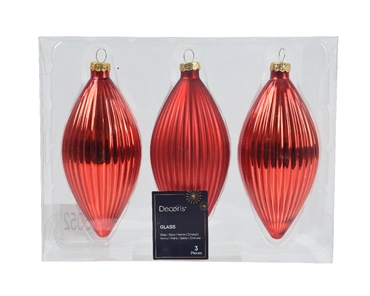 Decoris kerstornament glas olijf 3st Kerstrood 13cm - afbeelding 2