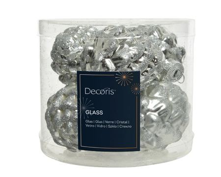 Decoris set kerstballen glas dennenappel | 6 stuks | 5x7 centimeter | zilver - afbeelding 1