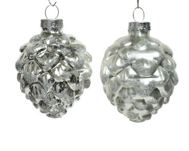 Decoris set kerstballen glas dennenappel | 6 stuks | 5x7 centimeter | zilver - afbeelding 2