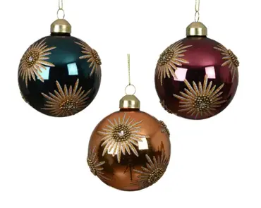 Kerstbal glas 8cm blauw/oranje/rood - assortiment