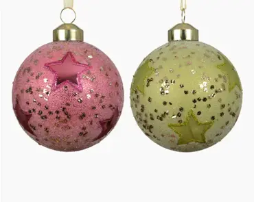 Kerstbal glas 8cm roze/groen - assortiment