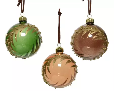 Kerstbal glas d8cm glitter goud/groen/bruin a3