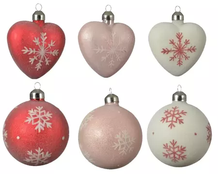 Kerstbal glas d8cm vlok wit/rood/roze a6