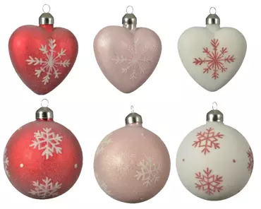 Kerstbal glas d8cm vlok wit/rood/roze a6