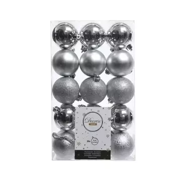 Kerstbal plastic mix zilver 30st
