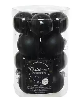 Kerstballen rond zwart dia3,5 cm 16st