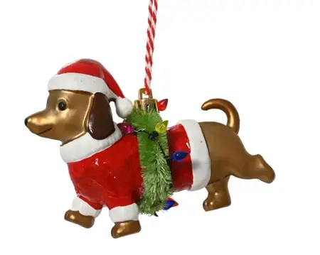 Kersthanger plastic hond met kerstmuts 12.4x5.3x8.8cm
