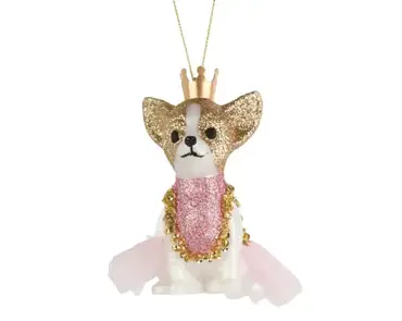 Kersthanger plastic hond met kroon 6.2x3.8x10.6xcm roze/goud