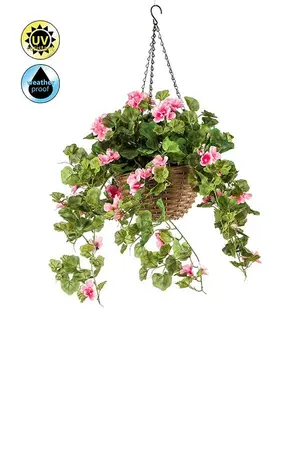 Kunstplant UV bestendig Roze Geranium hangend in mand - 45cm