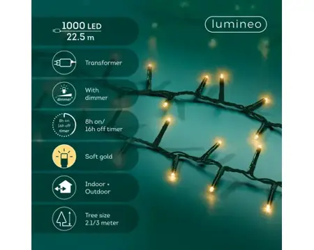 Lumineo compact kerstverlichting | 1000 LED | 22.5 meter | soft gold - afbeelding 2