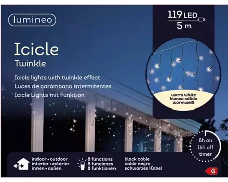 Lumineo icicle twinkle | 119 LED | 5 meter | zwart/warm wit - afbeelding 1