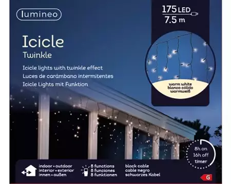 Lumineo icicle twinkle | 175 LED | 7,5 meter | zwart/warm wit - afbeelding 1