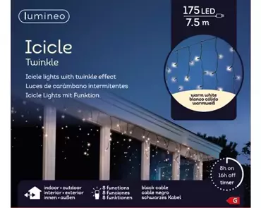 Lumineo icicle twinkle | 175 LED | 7,5 meter | zwart/warm wit - afbeelding 1