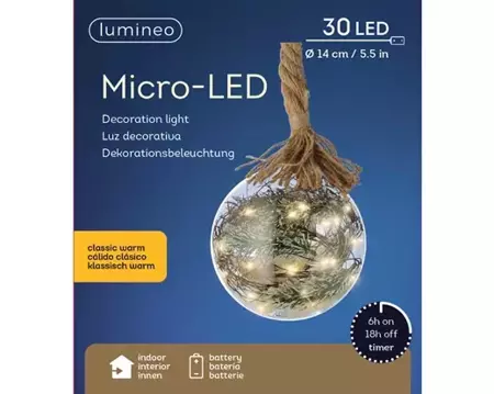 Lumineo Kerstbal Micro LED Touw op batterij| 14cm 30 lampjes - afbeelding 1
