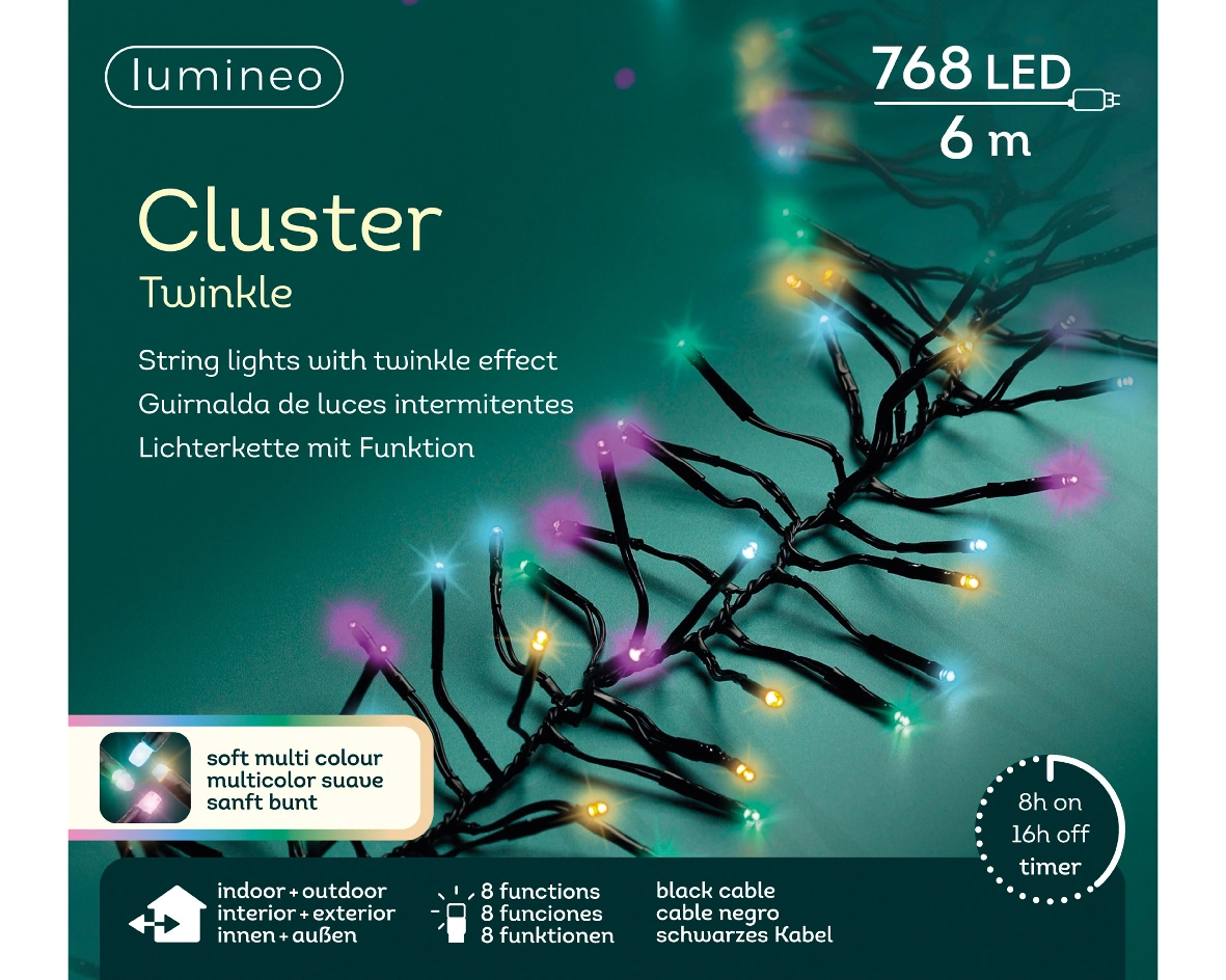 Lumineo Led cluster 6m 768l zwart/soft multi Colour - Top Tuincentrum