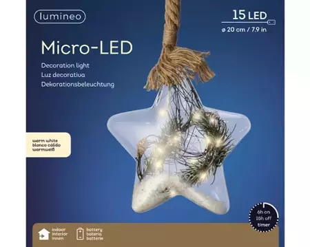 Lumineo Micro LED kerstster touw op batterij 20cm 40 lampjes - afbeelding 1