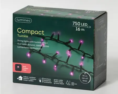 Lumineo microled compact twinkle | 16 meter | 750 LED | groen/roze - afbeelding 2