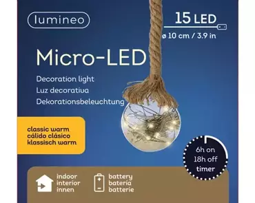 Lumineo Microled Kerstbal touw op batterij | d10cm x 15 lampjes - afbeelding 1