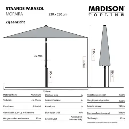 Madison Parasol Moraira Push-up Vierkant 230x230cm - Sage Groen - afbeelding 2