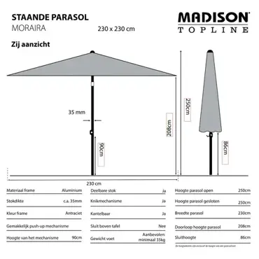 Madison Parasol Moraira Push-up Vierkant 230x230cm - Sage Groen - afbeelding 2